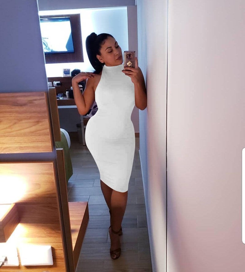 GOBLES Women's Sexy Halter High Neck Elegant Sleeveless Bodycon Midi Club Dress White - Image 5